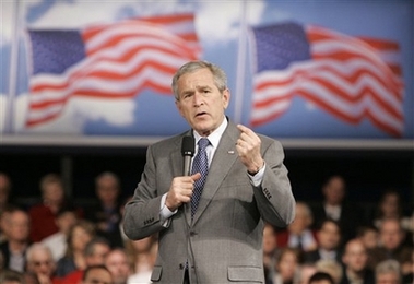 President Bush speaks at Tippecanoe High School gymnasium Thursday, April 19, 2007 in Tipp City, Ohio. (AP